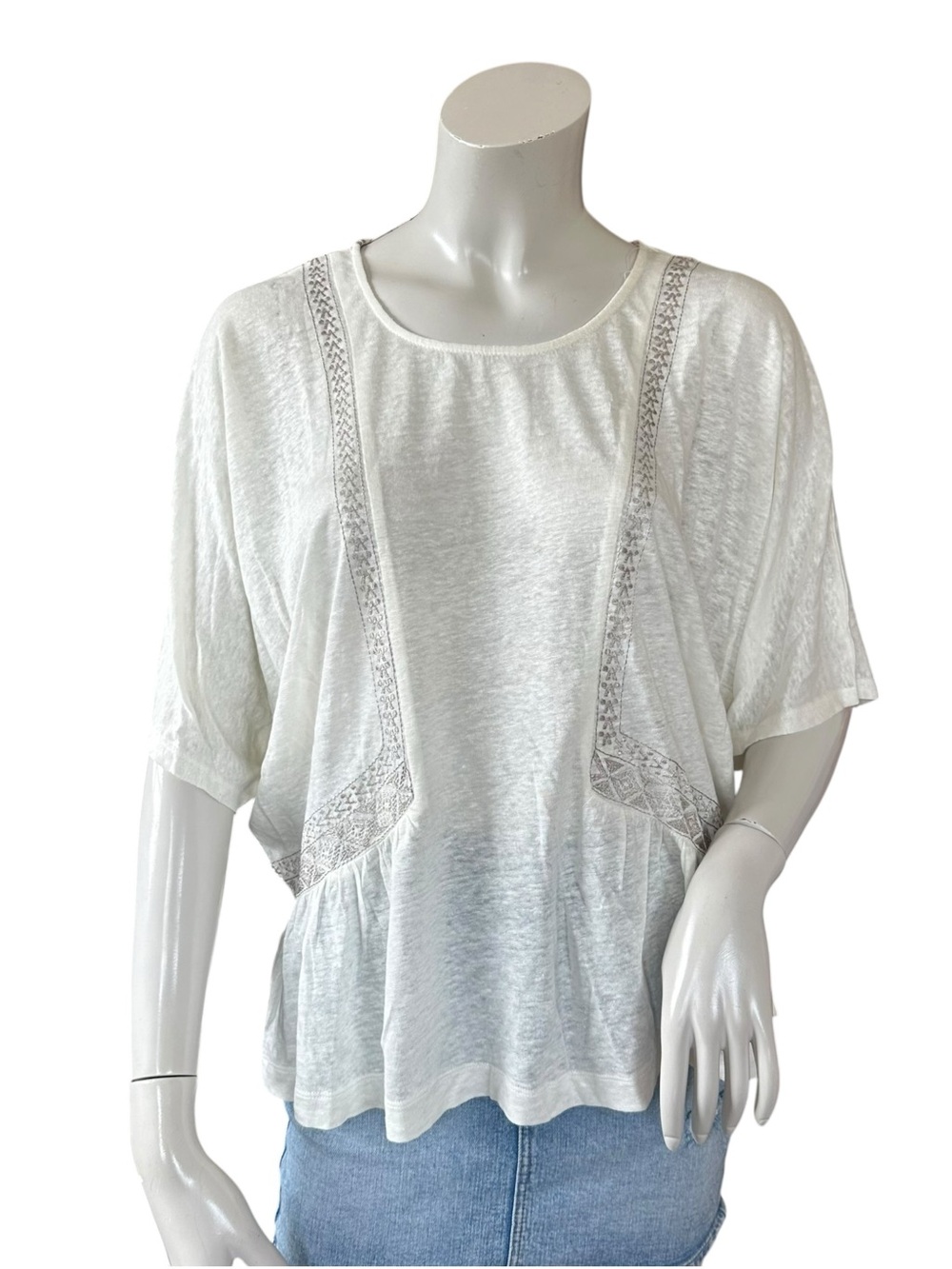 Anthropologie Akemi + Kim White Silver Embroidered Boho Oversized 100% Linen Top